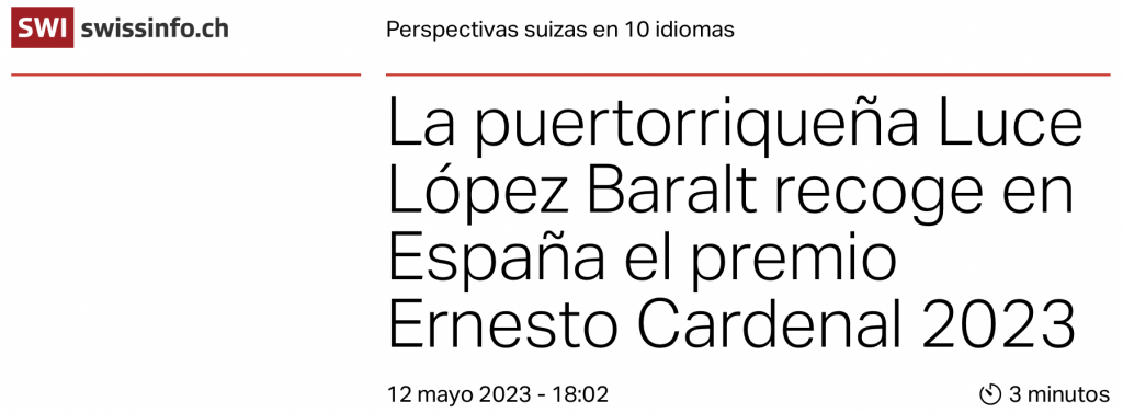 Swissinfo — Luce López-Baralt recoge el Premio Ernesto Cardenal 2023