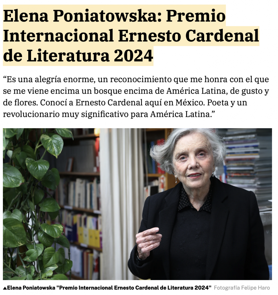 La Razón — Elena Poniatowska Premio Internacional Ernesto Cardenal de Literatura 2024